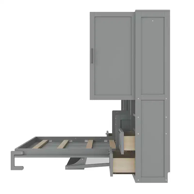 Lit escamotable ModernLuxe pleine ou grande taille avec placard, tiroirs et étagères, lit pliant peu encombrant pour chambre, blanc/gris