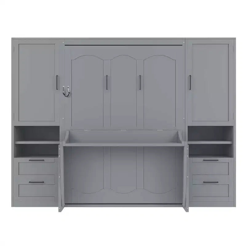 Lit escamotable ModernLuxe pleine ou grande taille avec placard, tiroirs et étagères, lit pliant peu encombrant pour chambre, blanc/gris