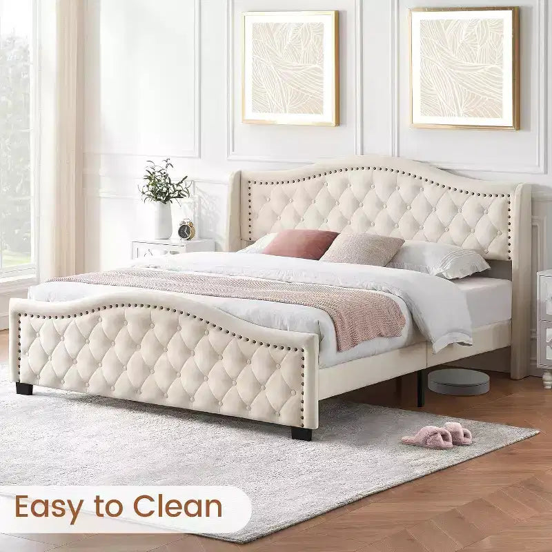 Acekool King Velvet Upholstered Bed Frame with Button Tufted Wingback Headboard, Footboard, Storage, No Box Spring Needed, Easy Assembly, Beige