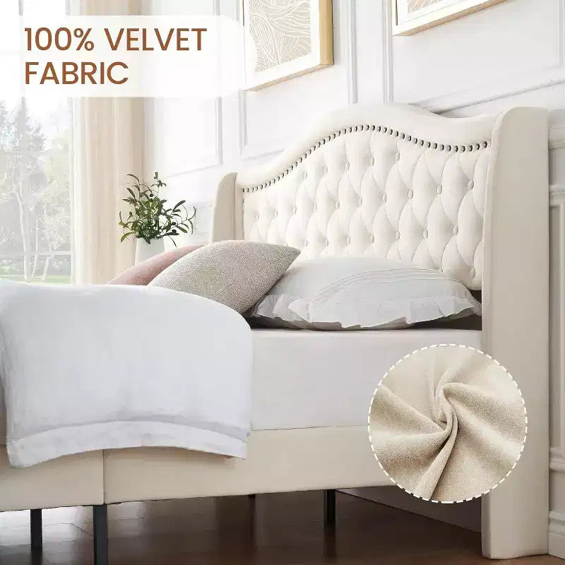 Cadre de lit Acekool King en velours rembourré avec tête de lit capitonnée à oreilles, pied de lit, rangement, pas besoin de sommier tapissier, montage facile, beige