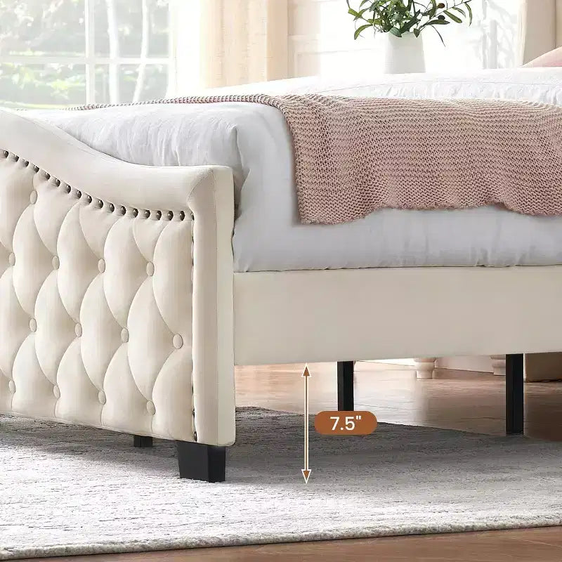 Cadre de lit Acekool King en velours rembourré avec tête de lit capitonnée à oreilles, pied de lit, rangement, pas besoin de sommier tapissier, montage facile, beige