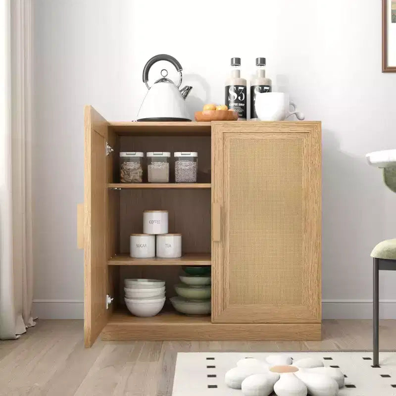 Meuble de rangement Adam en grain de bois noir avec porte en osier (31x31x16)