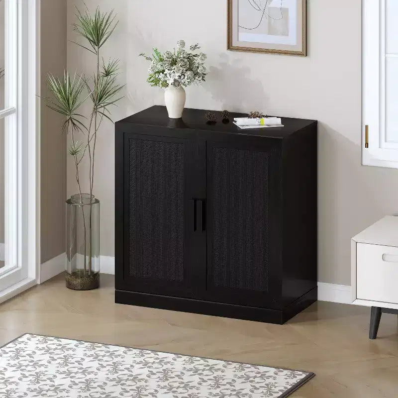 Adam Black Wood Grain Storage Cabinet with Wicker Door (31x31x16)