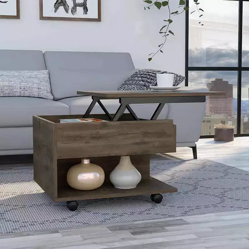 Table basse relevable MAYEERTY avec roulettes, une étagère, marron