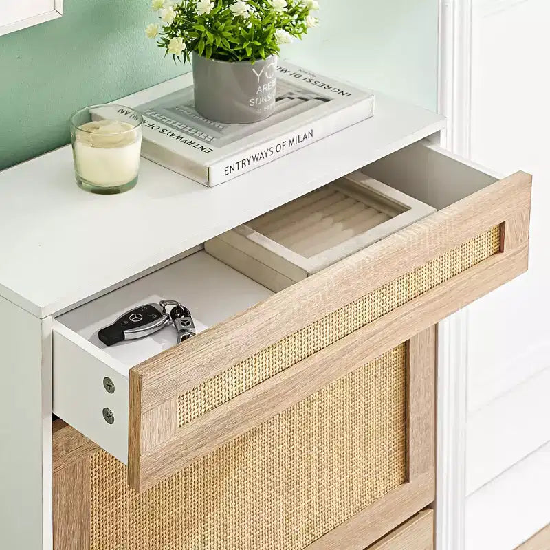 Meuble à chaussures GustoWave avec 2 tiroirs basculants et 1 tiroir, organiseur à chaussures en rotin avec pieds en métal, meuble à chaussures étroit et autonome pour entrée