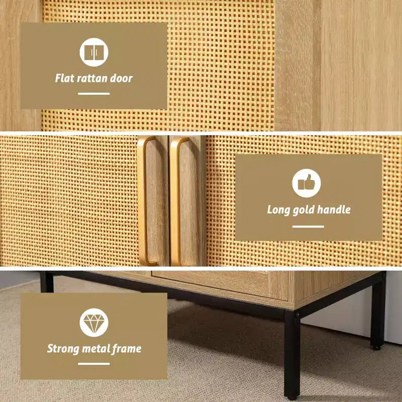 Buffet en rotin HYLEORY, meuble de rangement à 2 portes avec pieds réglables