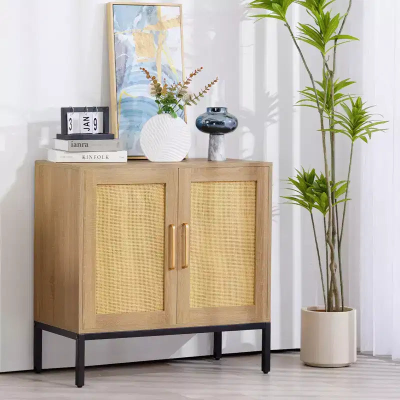 Buffet en rotin HYLEORY, meuble de rangement à 2 portes avec pieds réglables