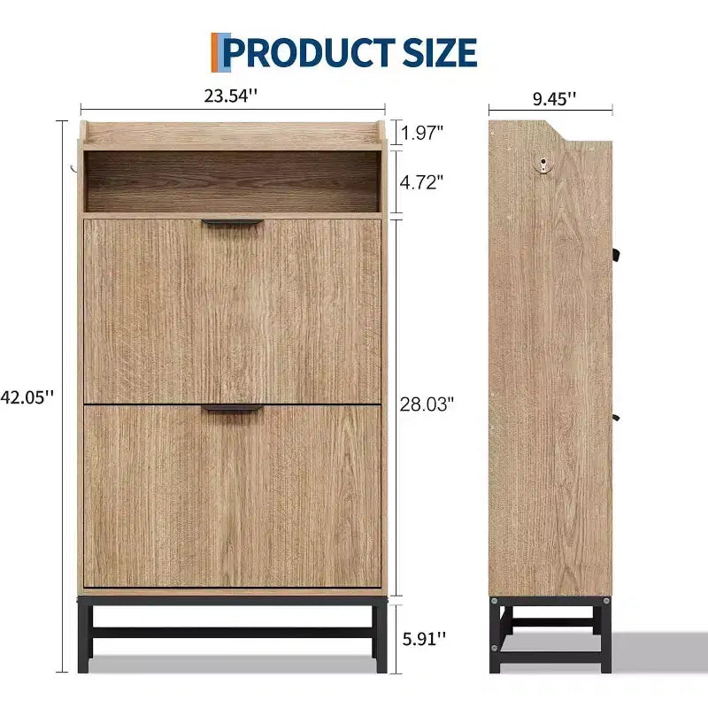 Meuble à chaussures cannelé avec 2 tiroirs basculants et étagère ouverte, organisateur de rangement moderne pour entrée, 44 po, étagère à chaussures en bois avec poignées dorées pour couloir et hall d'entrée