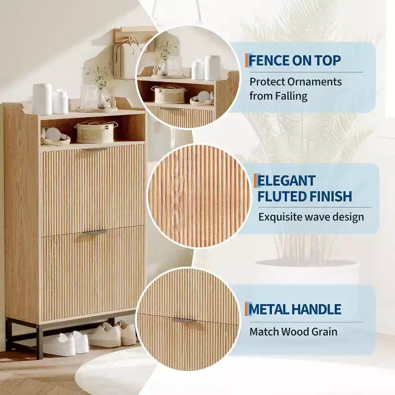 Meuble à chaussures cannelé avec 2 tiroirs basculants et étagère ouverte, organisateur de rangement moderne pour entrée, 44 po, étagère à chaussures en bois avec poignées dorées pour couloir et hall d'entrée
