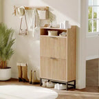 Meuble à chaussures cannelé avec 2 tiroirs basculants et étagère ouverte, organisateur de rangement moderne pour entrée, 44 po, étagère à chaussures en bois avec poignées dorées pour couloir et hall d'entrée