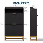 Meuble à chaussures cannelé avec 2 tiroirs basculants et étagère ouverte, organisateur de rangement moderne pour entrée, 44 po, étagère à chaussures en bois avec poignées dorées pour couloir et hall d'entrée