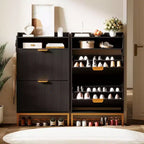 Meuble à chaussures cannelé avec 2 tiroirs basculants et étagère ouverte, organisateur de rangement moderne pour entrée, 44 po, étagère à chaussures en bois avec poignées dorées pour couloir et hall d'entrée