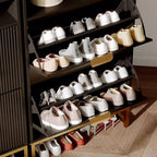 Meuble à chaussures cannelé avec 2 tiroirs basculants et étagère ouverte, organisateur de rangement moderne pour entrée, 44 po, étagère à chaussures en bois avec poignées dorées pour couloir et hall d'entrée