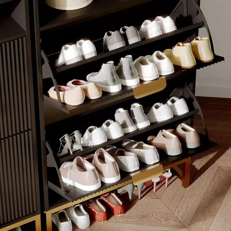 Meuble à chaussures cannelé avec 2 tiroirs basculants et étagère ouverte, organisateur de rangement moderne pour entrée, 44 po, étagère à chaussures en bois avec poignées dorées pour couloir et hall d'entrée