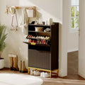 Fluted Shoe Cabinet with 2 Flip Drawers & Open Shelf, 44 Modern Entryway Storage Organizer, Wood Shoe Rack with Gold Handles for Hallway & Foyer