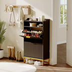 Fluted Shoe Cabinet with 2 Flip Drawers & Open Shelf, 44 Modern Entryway Storage Organizer, Wood Shoe Rack with Gold Handles for Hallway & Foyer