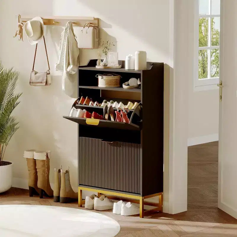Fluted Shoe Cabinet with 2 Flip Drawers & Open Shelf, 44 Modern Entryway Storage Organizer, Wood Shoe Rack with Gold Handles for Hallway & Foyer