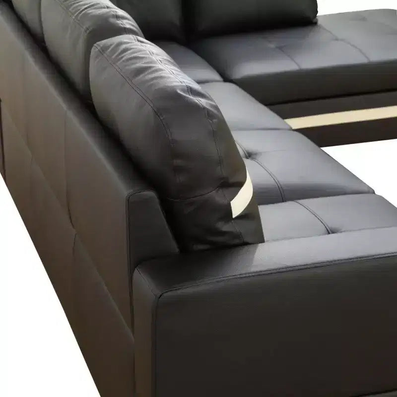 Ensemble de canapé d'angle en similicuir noir et blanc, élégance moderne - Design en L, rembourrage épais, pouf assorti