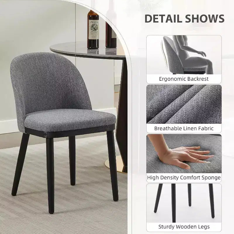 Acekool Lot de 2 chaises de salle à manger rembourrées, chaises d'appoint de cuisine modernes en tissu avec coussin, pieds en bois, dossier incurvé