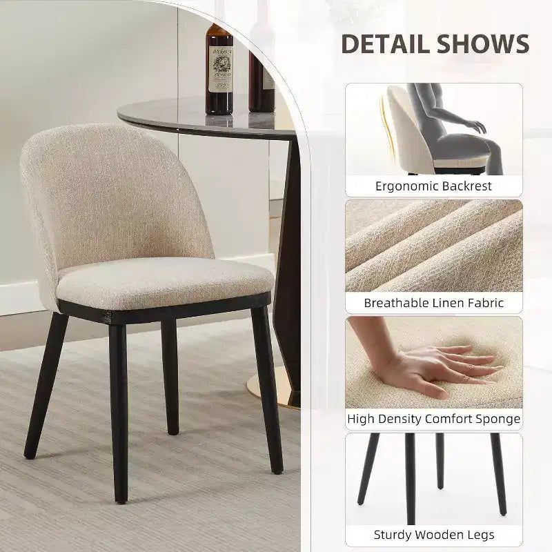 Acekool Lot de 2 chaises de salle à manger rembourrées, chaises d'appoint de cuisine modernes en tissu avec coussin, pieds en bois, dossier incurvé