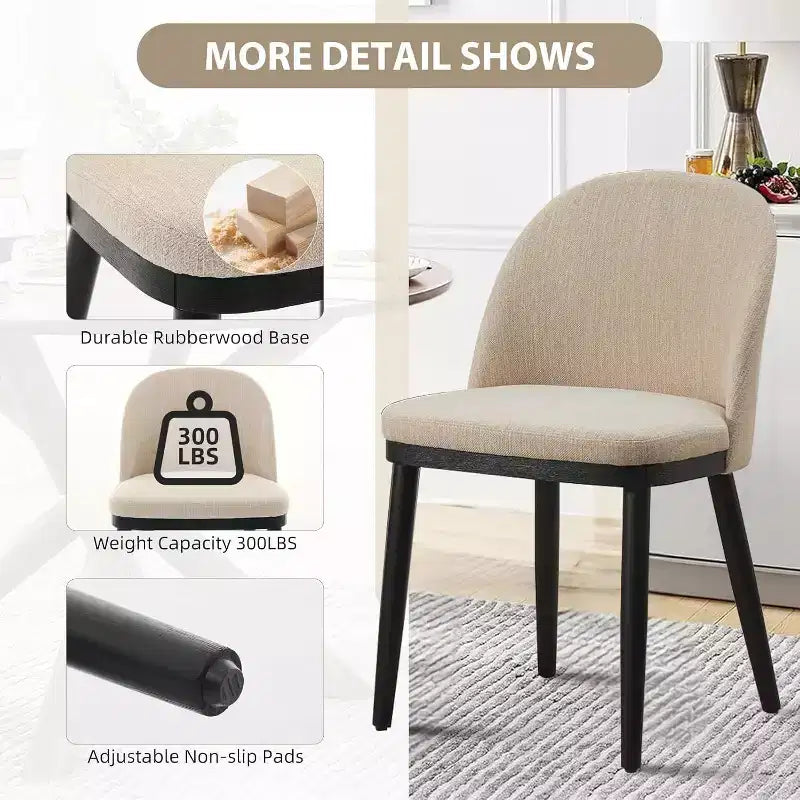 Acekool Lot de 2 chaises de salle à manger rembourrées, chaises d'appoint de cuisine modernes en tissu avec coussin, pieds en bois, dossier incurvé