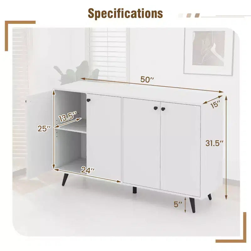 Costway Buffet, bahut de salle à manger moderne du milieu du siècle, meuble de rangement à 4 portes, 127 cm, armoire d'appoint marron/blanc