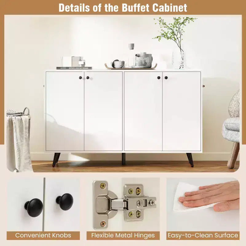 Costway Buffet, bahut de salle à manger moderne du milieu du siècle, meuble de rangement à 4 portes, 127 cm, armoire d'appoint marron/blanc
