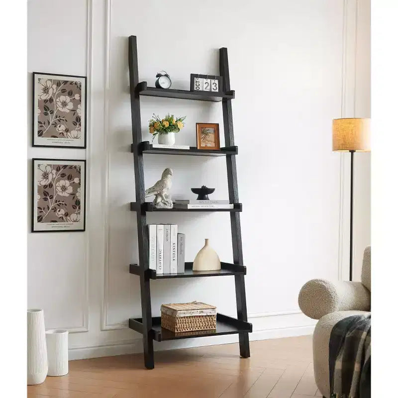 MAYEERTY 5 Shelves Bookshelf Ladder Popular Modern Multidepth with Rounded Shelf Barrier Corners