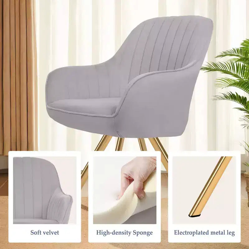 Fauteuil pivotant Hyleory moderne en velours brossé gris clair avec pieds en métal pour le salon