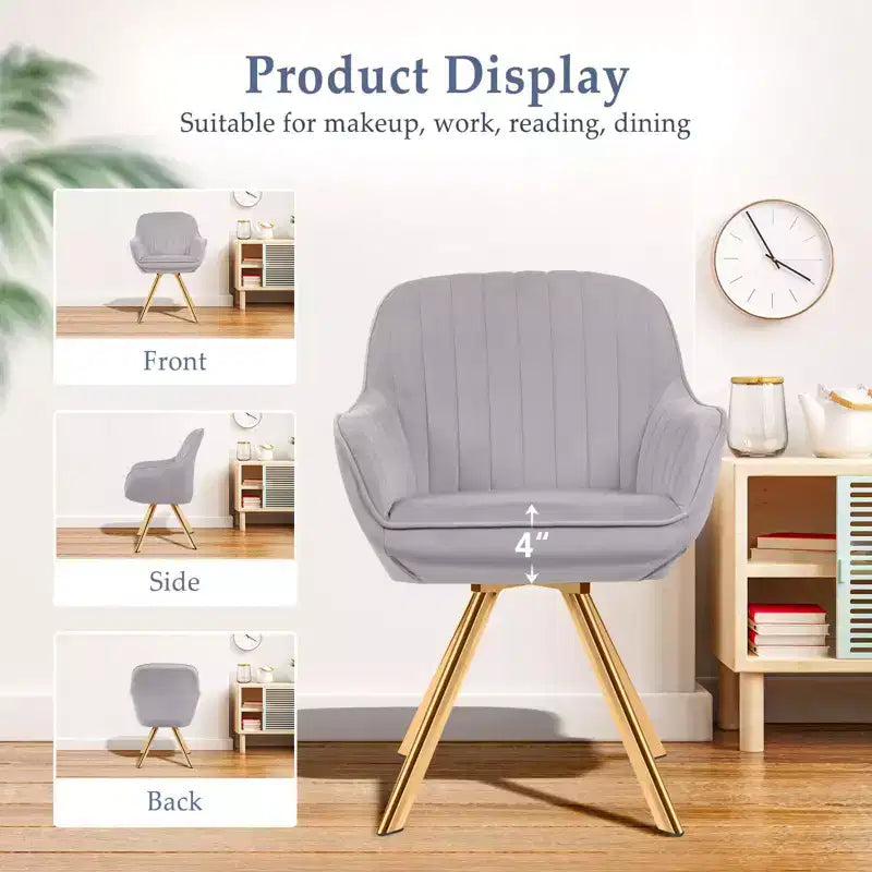 Fauteuil pivotant Hyleory moderne en velours brossé gris clair avec pieds en métal pour le salon