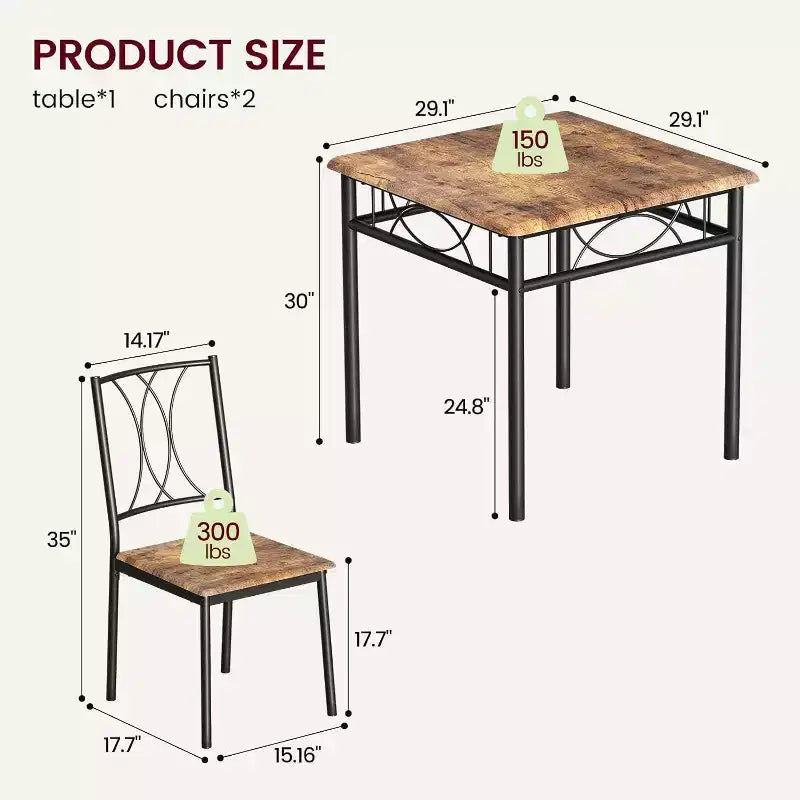 Ensemble de salle à manger compact 3 pièces pour 2 personnes, table de cuisine carrée avec chaises rembourrées, ensemble dînette peu encombrant pour petites cuisines et appartements
