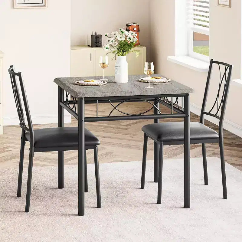 Ensemble de salle à manger compact 3 pièces pour 2 personnes, table de cuisine carrée avec chaises rembourrées, ensemble dînette peu encombrant pour petites cuisines et appartements