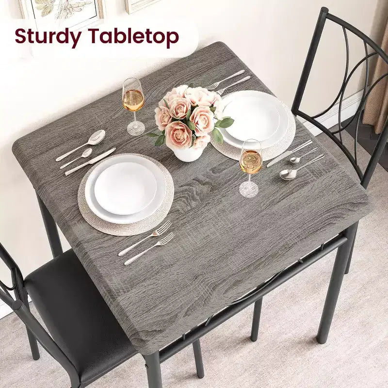 Ensemble de salle à manger compact 3 pièces pour 2 personnes, table de cuisine carrée avec chaises rembourrées, ensemble dînette peu encombrant pour petites cuisines et appartements