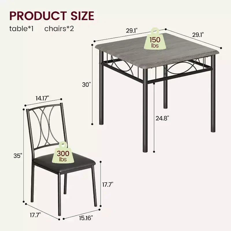 Ensemble de salle à manger compact 3 pièces pour 2 personnes, table de cuisine carrée avec chaises rembourrées, ensemble dînette peu encombrant pour petites cuisines et appartements