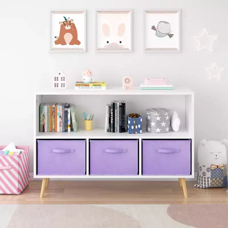 MAYEERTY Étagère à Livres pour Enfants avec Tiroirs en Tissu Pliables Meuble de Rangement pour Jouets Organisateur Blanc et Violet
