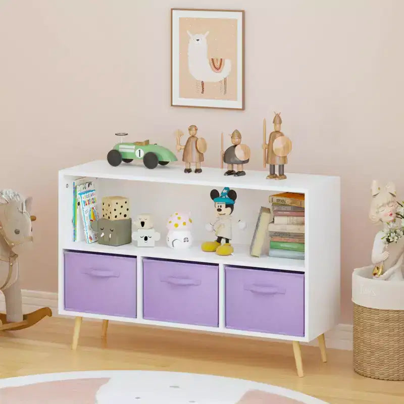 MAYEERTY Étagère à Livres pour Enfants avec Tiroirs en Tissu Pliables Meuble de Rangement pour Jouets Organisateur Blanc et Violet