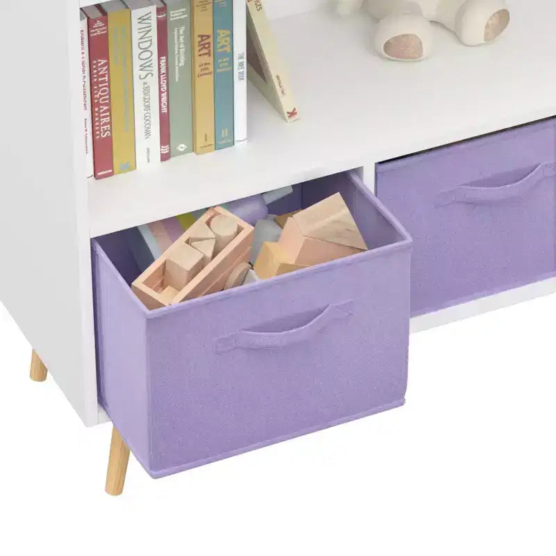MAYEERTY Étagère à Livres pour Enfants avec Tiroirs en Tissu Pliables Meuble de Rangement pour Jouets Organisateur Blanc et Violet