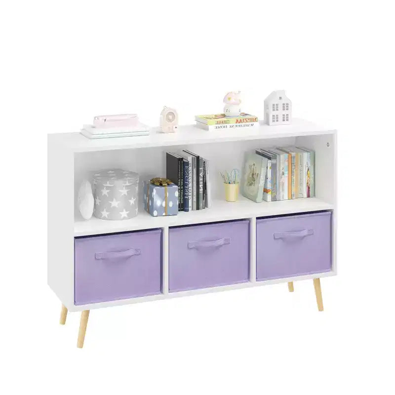 MAYEERTY Étagère à Livres pour Enfants avec Tiroirs en Tissu Pliables Meuble de Rangement pour Jouets Organisateur Blanc et Violet