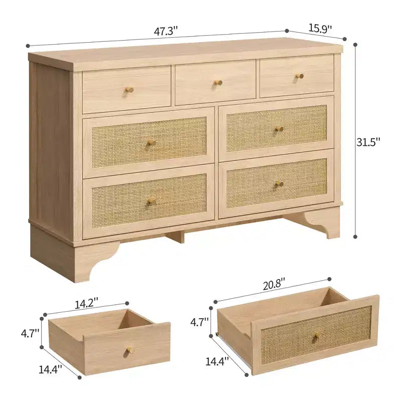 Commode de chambre à 7 tiroirs, commode en bois de 120 cm de large, meuble TV, organisateur de rangement autoportant