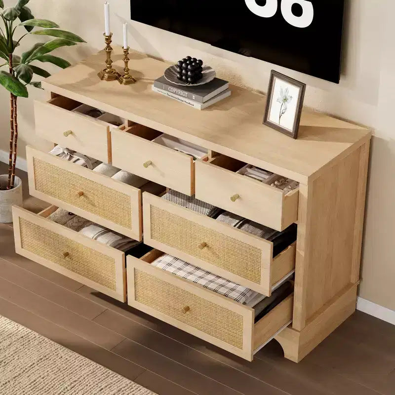 Commode de chambre à 7 tiroirs, commode en bois de 120 cm de large, meuble TV, organisateur de rangement autoportant