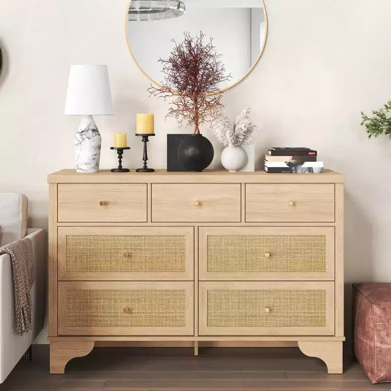 Commode de chambre à 7 tiroirs, commode en bois de 120 cm de large, meuble TV, organisateur de rangement autoportant