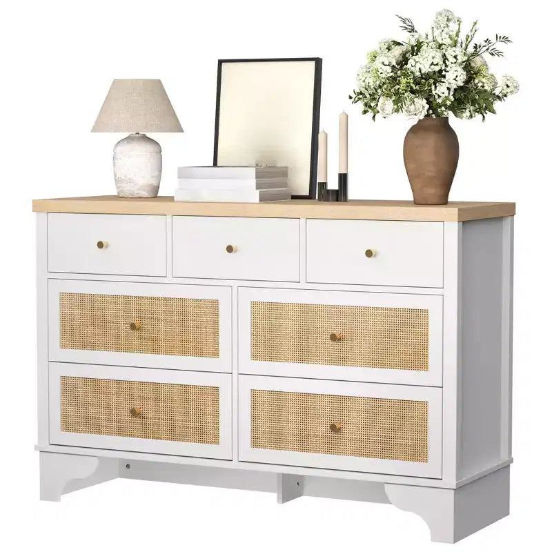 Commode de chambre à 7 tiroirs, commode en bois de 120 cm de large, meuble TV, organisateur de rangement autoportant