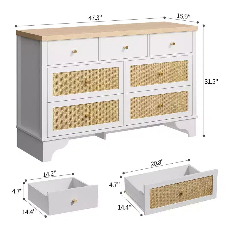 Commode de chambre à 7 tiroirs, commode en bois de 120 cm de large, meuble TV, organisateur de rangement autoportant