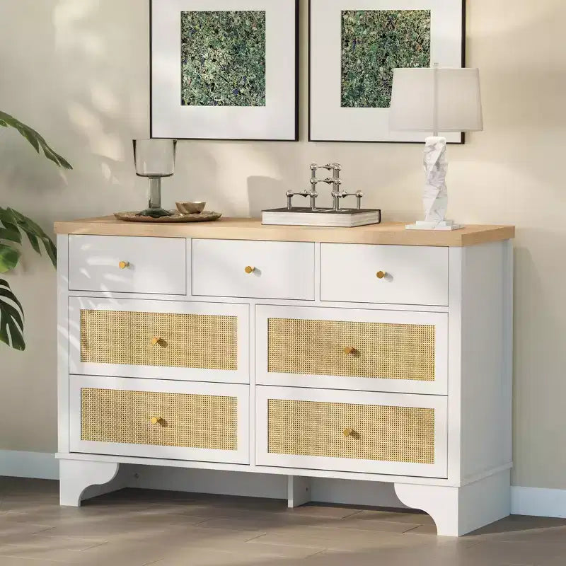 Commode de chambre à 7 tiroirs, commode en bois de 120 cm de large, meuble TV, organisateur de rangement autoportant