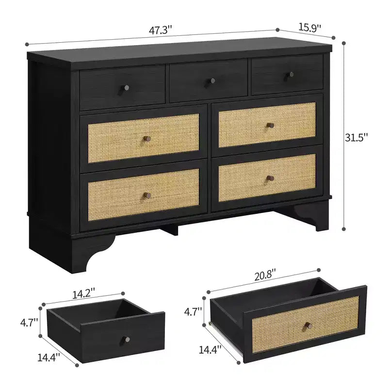 Commode de chambre à 7 tiroirs, commode en bois de 120 cm de large, meuble TV, organisateur de rangement autoportant