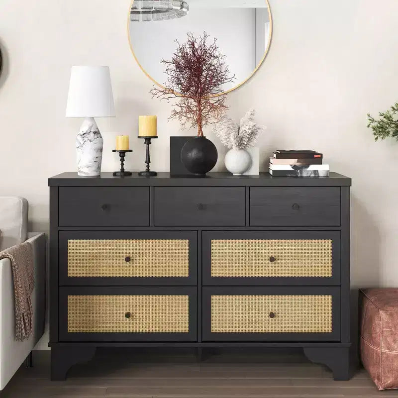 Commode de chambre à 7 tiroirs, commode en bois de 120 cm de large, meuble TV, organisateur de rangement autoportant