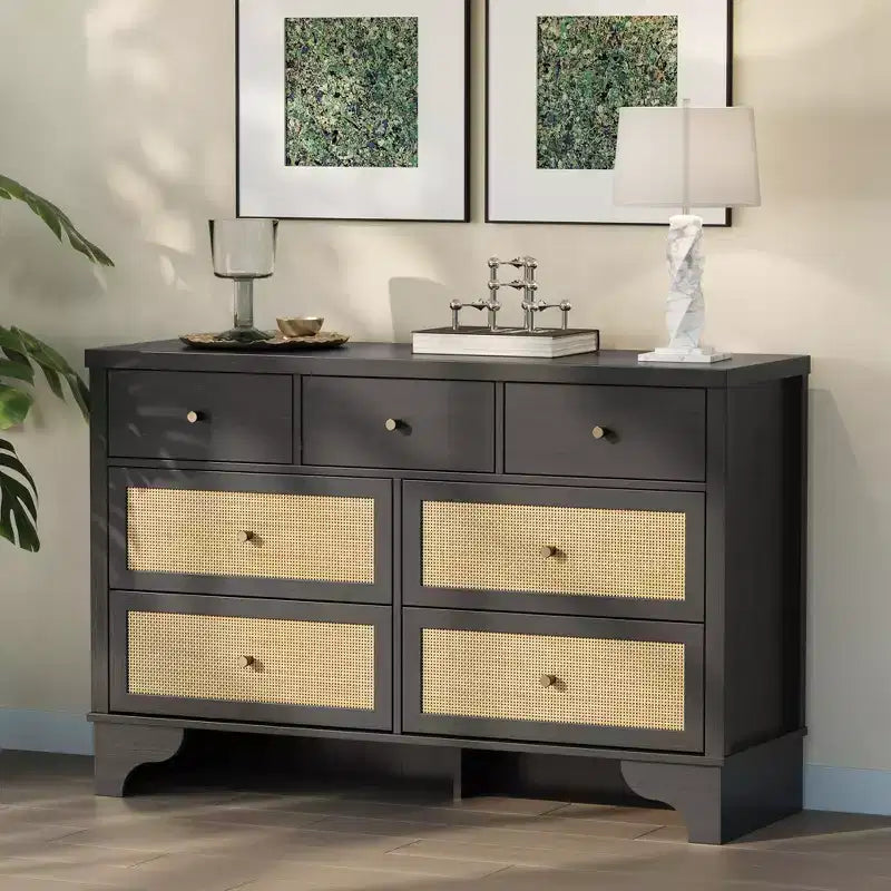 Commode de chambre à 7 tiroirs, commode en bois de 120 cm de large, meuble TV, organisateur de rangement autoportant