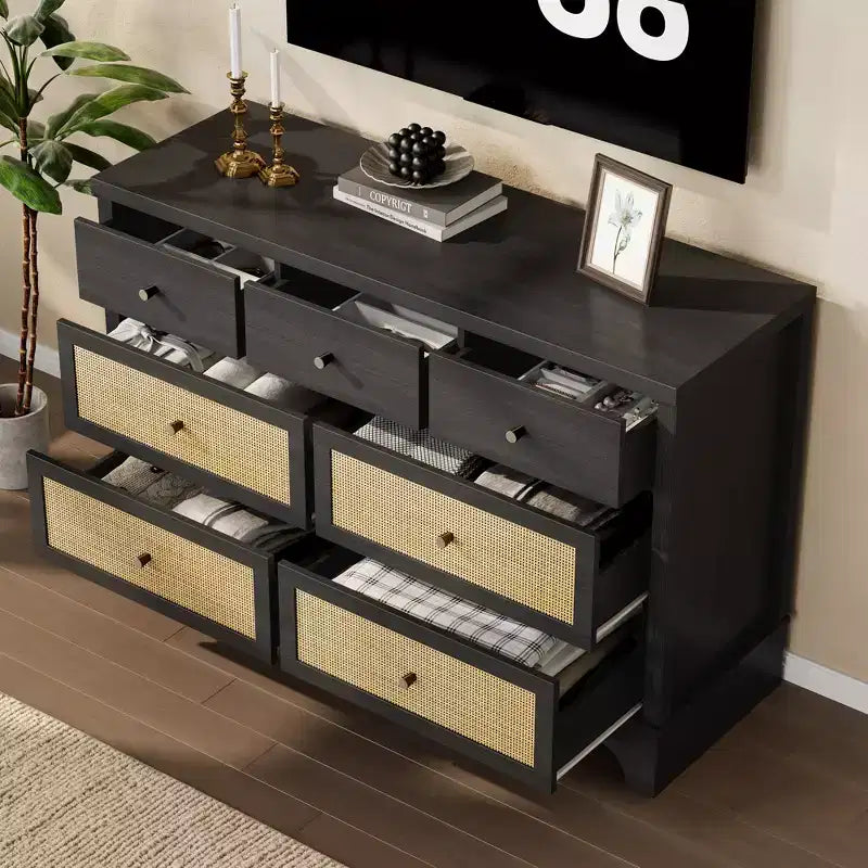 Commode de chambre à 7 tiroirs, commode en bois de 120 cm de large, meuble TV, organisateur de rangement autoportant