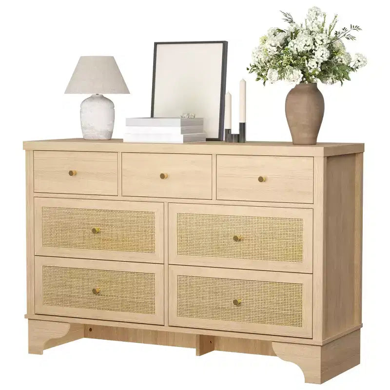 Commode de chambre à 7 tiroirs, commode en bois de 120 cm de large, meuble TV, organisateur de rangement autoportant