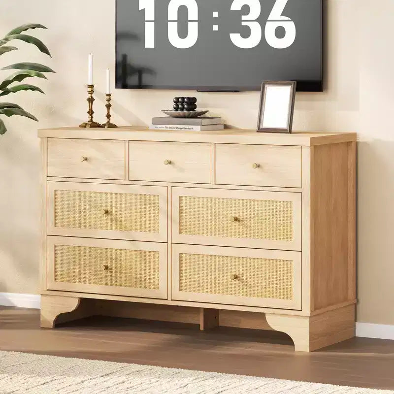 Commode de chambre à 7 tiroirs, commode en bois de 120 cm de large, meuble TV, organisateur de rangement autoportant